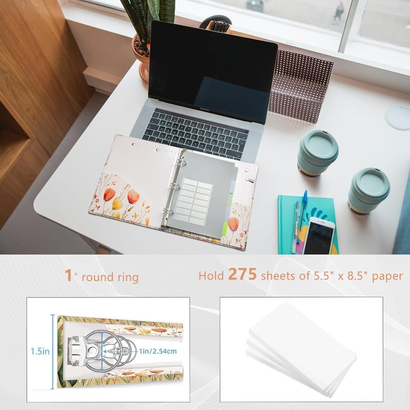 KLLVE Mini Binder Organizer for 5.5" x 8.5" Paper ，1 Inch 3 Ring Binder with Clipboard, 5-Tabs Pockets Dividers, Plastic Folder, 18 Divider Stikers, Pen Loop (Weed, Half Letter Size) - Image 3